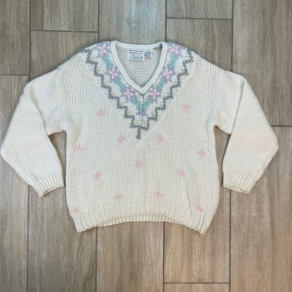 Vintage Sarit Hand Knit Ramie Sweater 80s Fair Isle Pastel Floral Pullover S